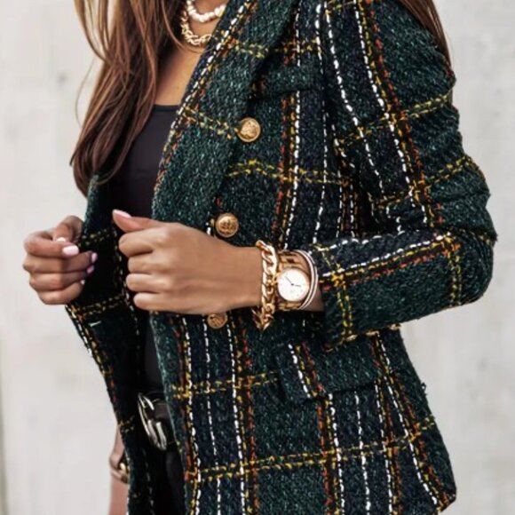 ✨NEW✨Women's Elegant Plaid Double Button Blazer Jacket - Black/Green - L - Picture 2 of 7